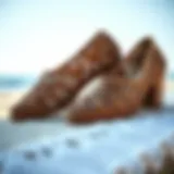 Elegant woven shoes displayed on a summer beach setting