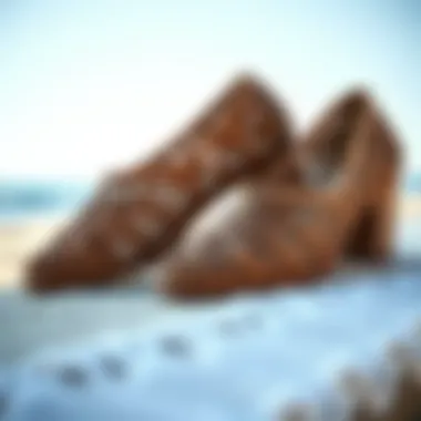 Elegant woven shoes displayed on a summer beach setting