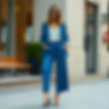 Stylish Look with Blue Wide-Leg Trousers A fashionable outfit featuring blue wide-leg trousers and a stylish top