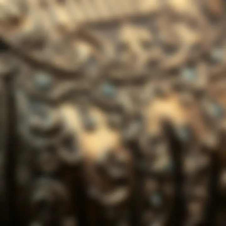 Close-up of intricate details on a bronze dress