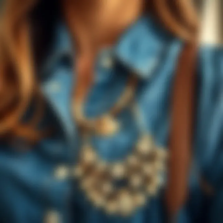 Close-up of a denim shirt accessorized with elegant jewelry.