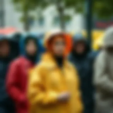 A group of individuals enjoying a rainy day in stylish raincoats