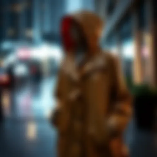 A stylish raincoat displayed in a modern urban setting