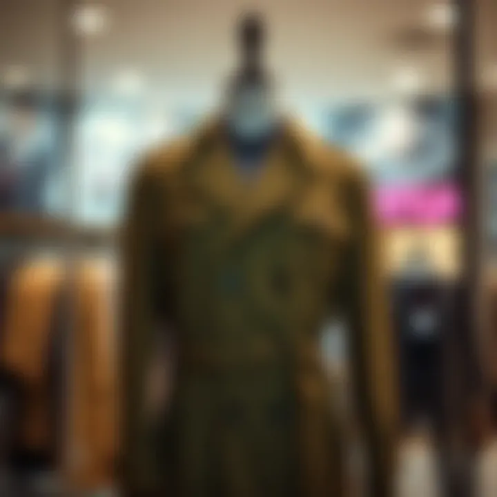 A classic trench coat in olive green displayed on a stylish mannequin