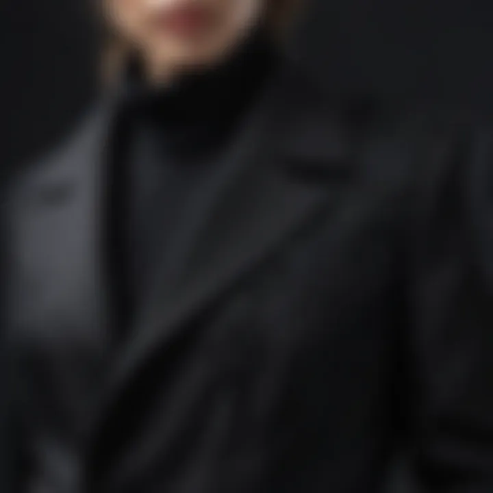 Close-up of luxurious fabric and detailing on a black coat