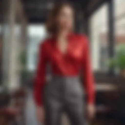 Elegant red blouse paired with tailored trousers