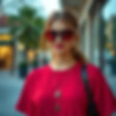 A stylish outfit featuring a red t-shirt paired with classic accessories.