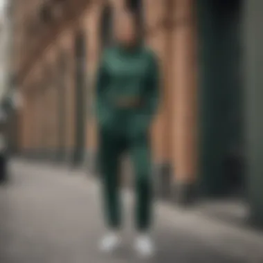 Elegant dark green joggers styled with a casual top in an urban setting