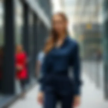 Navy blouse paired with tailored trousers for office look