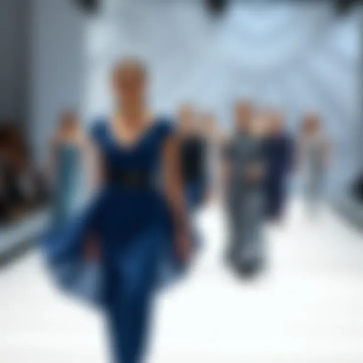 An elegant fashion runway displaying blue-grey designs