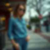 Stylish woman wearing blue jeans and a denim shirt in a chic urban setting.