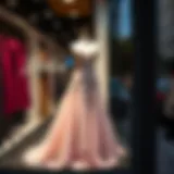 Elegant evening gown displayed in a boutique window