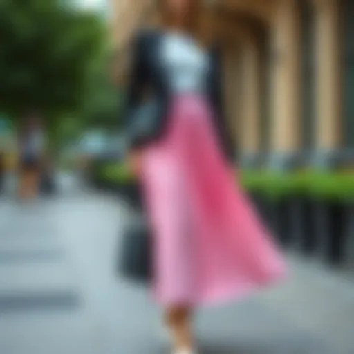 A stylish pink pleated skirt showcased in a chic urban setting