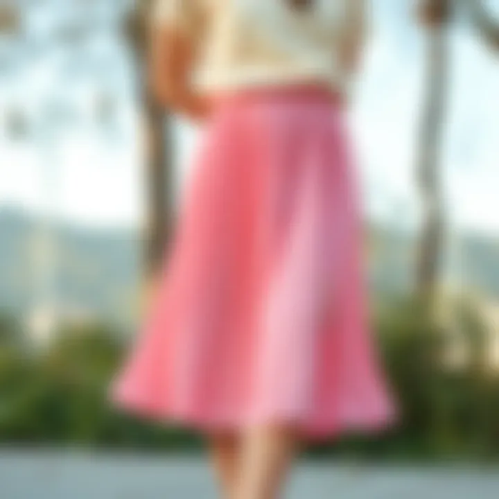 An elegant presentation of a pink pleated skirt in a serene outdoor setting