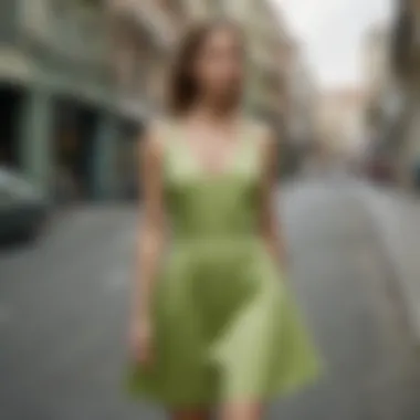 Model showcasing a pistachio green dress in an urban setting