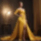 Elegant yellow satin gown draping gracefully on a mannequin.