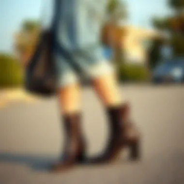Casual look featuring short-heeled boots and denim