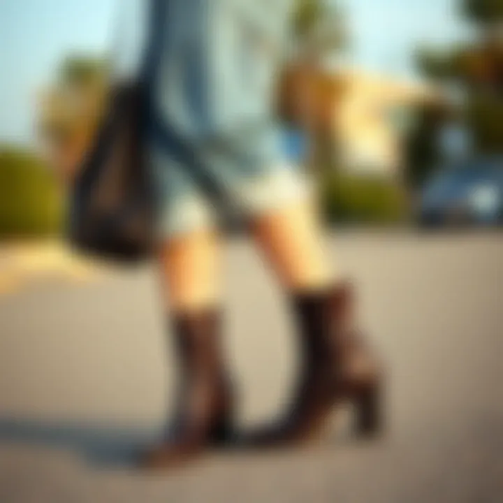 Casual look featuring short-heeled boots and denim