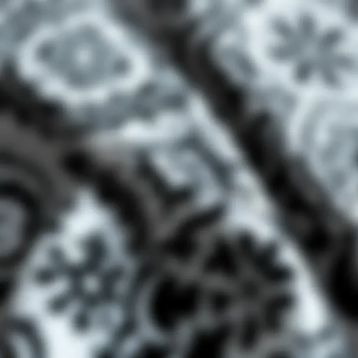 Close-up of fabric texture showcasing intricate black and white designs