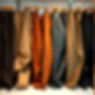 Different styles of wrinkle-free trousers in a display