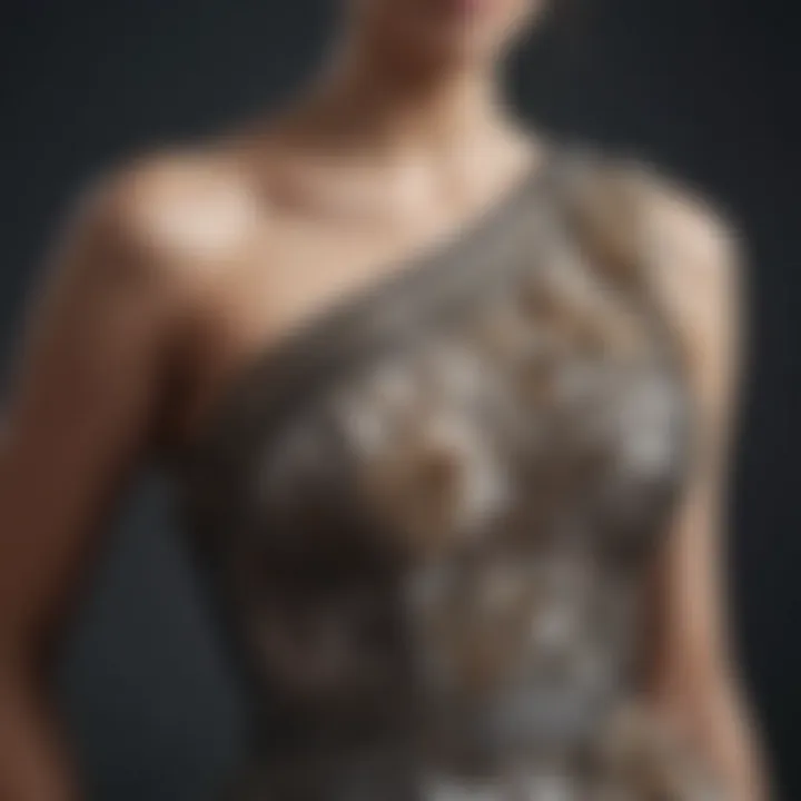 Close-up of fabric and design details of a one-shoulder dress