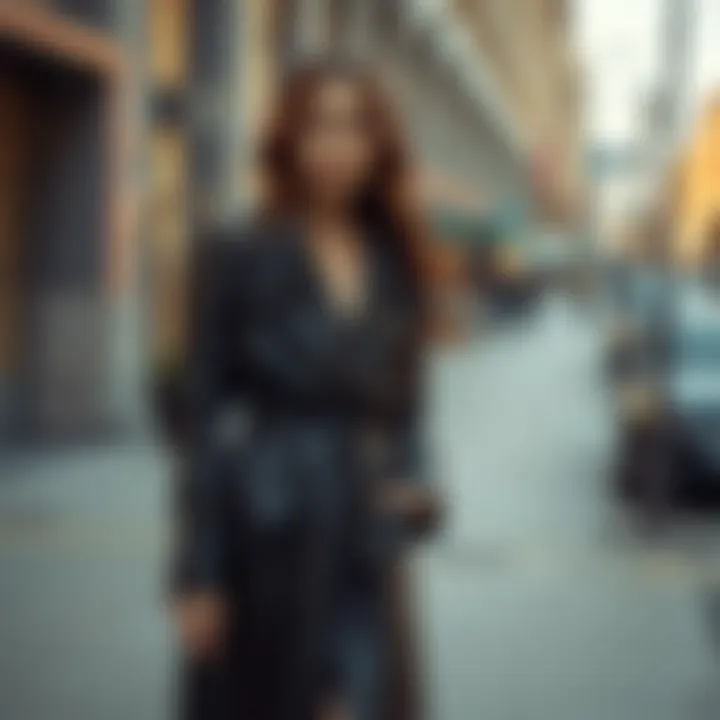 Elegant long leather coat in an urban setting