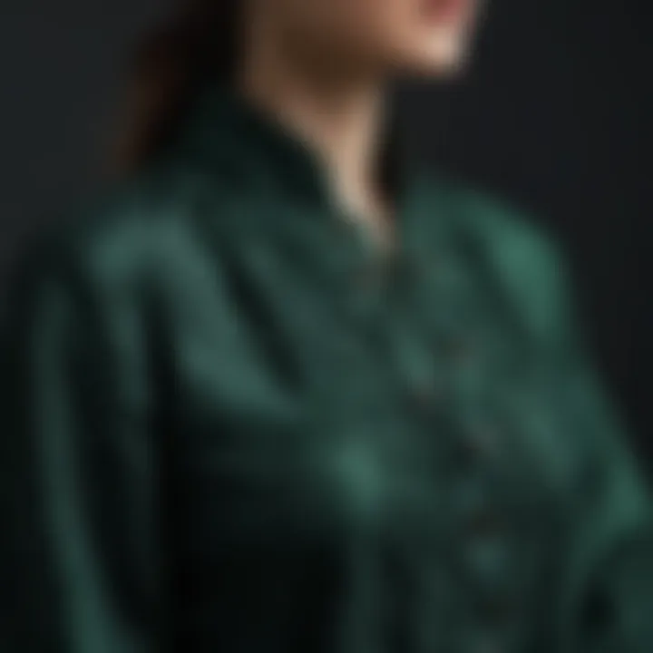 A close-up of fabric textures in dark green attire